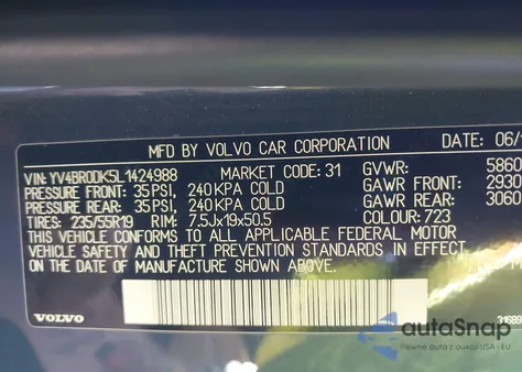 2020 Volvo Xc60 Hybrid T8 Momentum z USA, uszkodzony, nr VIN YV4BR0DK5L1424988